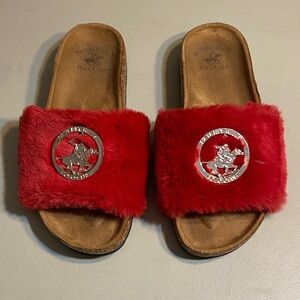 Beverly Hills Polo Club Red Faux Fur Slide Sandals with Silver Medallion